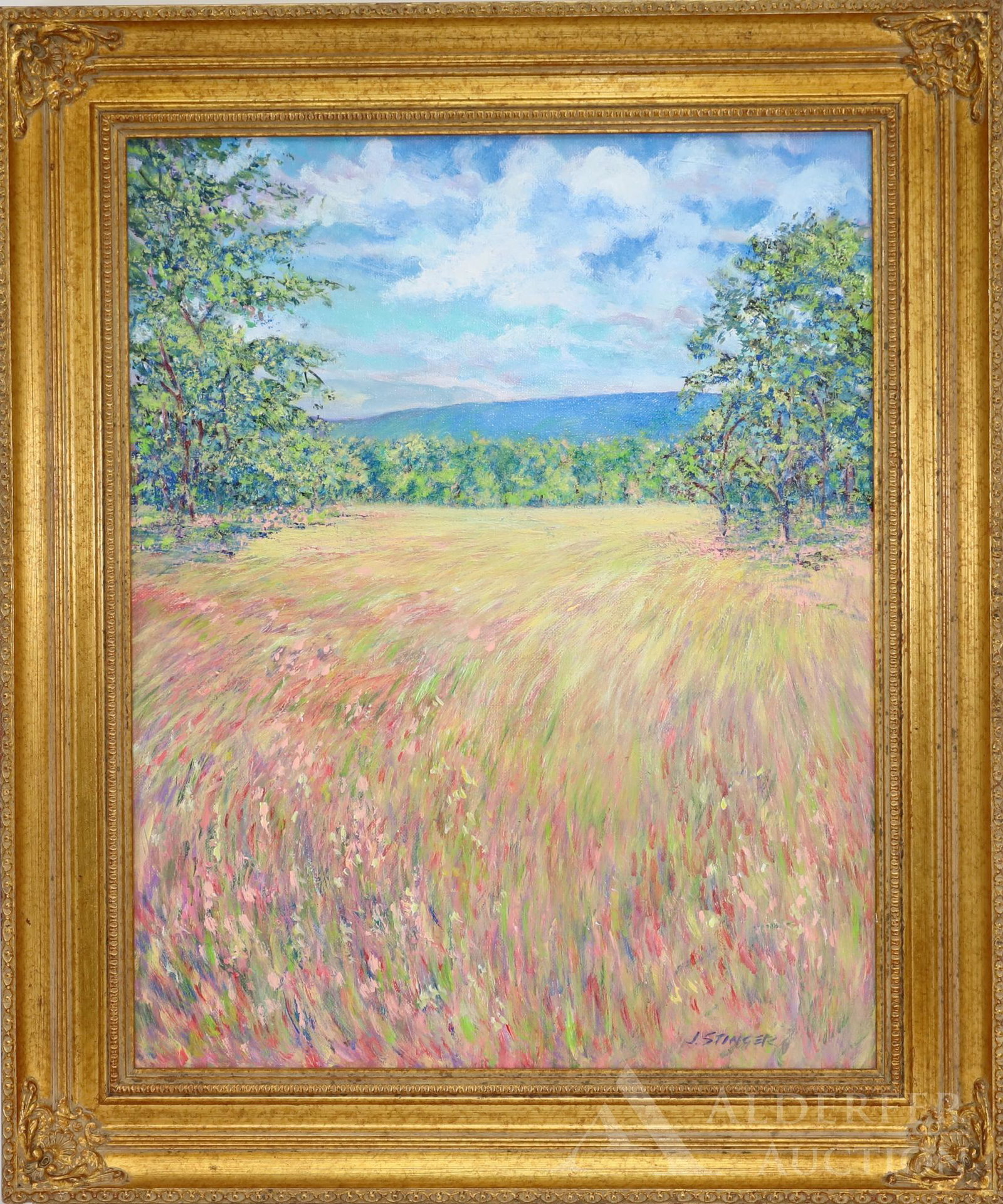John Stinger (20th c.): Acrylic on canvas, SLR and signed, titled and dated en verso, "Bucks County Meadow", 2019. Impressionist summer meadow with blue skies and white clouds. 20"h x 15.75"w and 24.75"h x 20.75"w framed