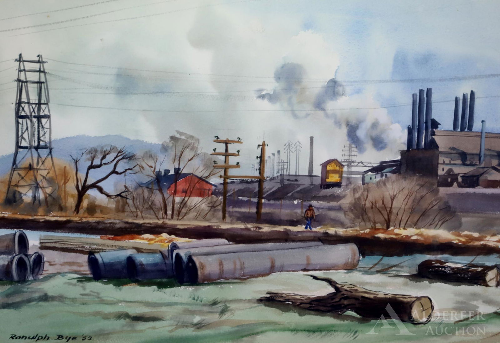 Ranulph Bye (1916-2003): Watercolor, "Along the Lehigh Canal, Bethlehem" SDLL '52. Landscape overlooking a canal with Bethlehem Steel in the distance. 23”h 28”w