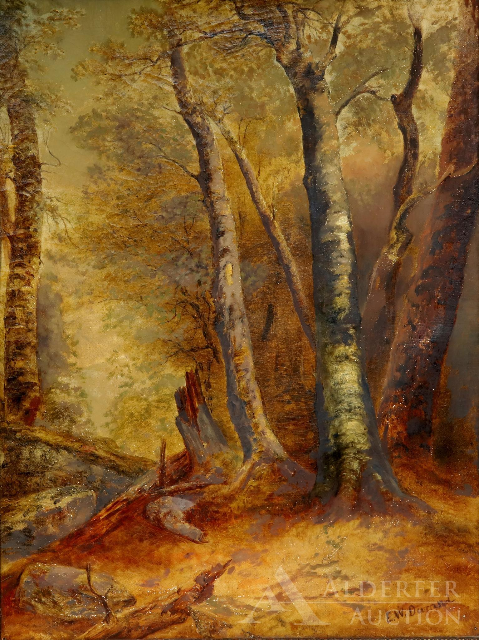 Elias Wade Durand (1824-1908): Oil on canvas, SLR. Autumn forest landscape. 24"h x 18"w and 27.5"h x 21.5"w framed