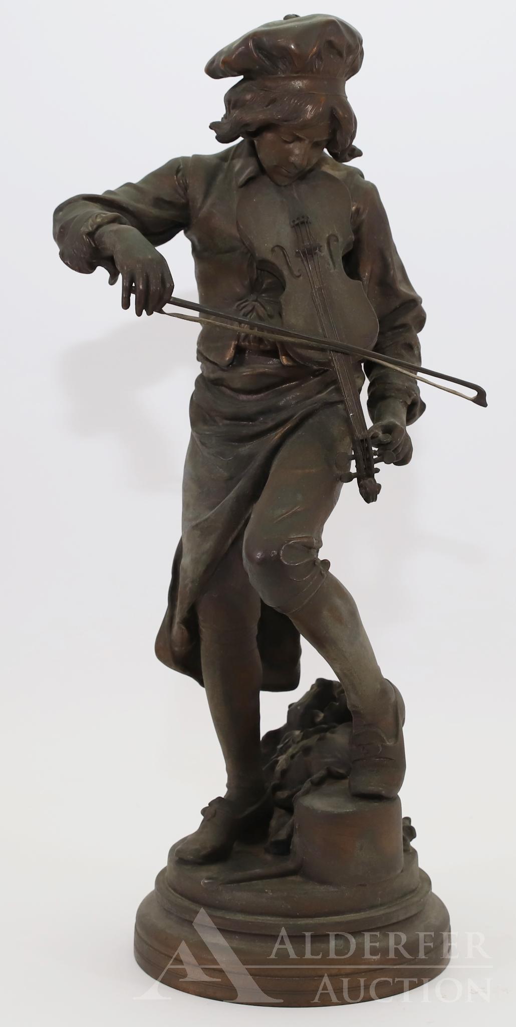 Adrien Etienne Gaudez (1845-1902): Bronze, "Lulli Enfant", unsigned. Figural sculpture of a boy playing a violin. 19.5"h x 9"w
