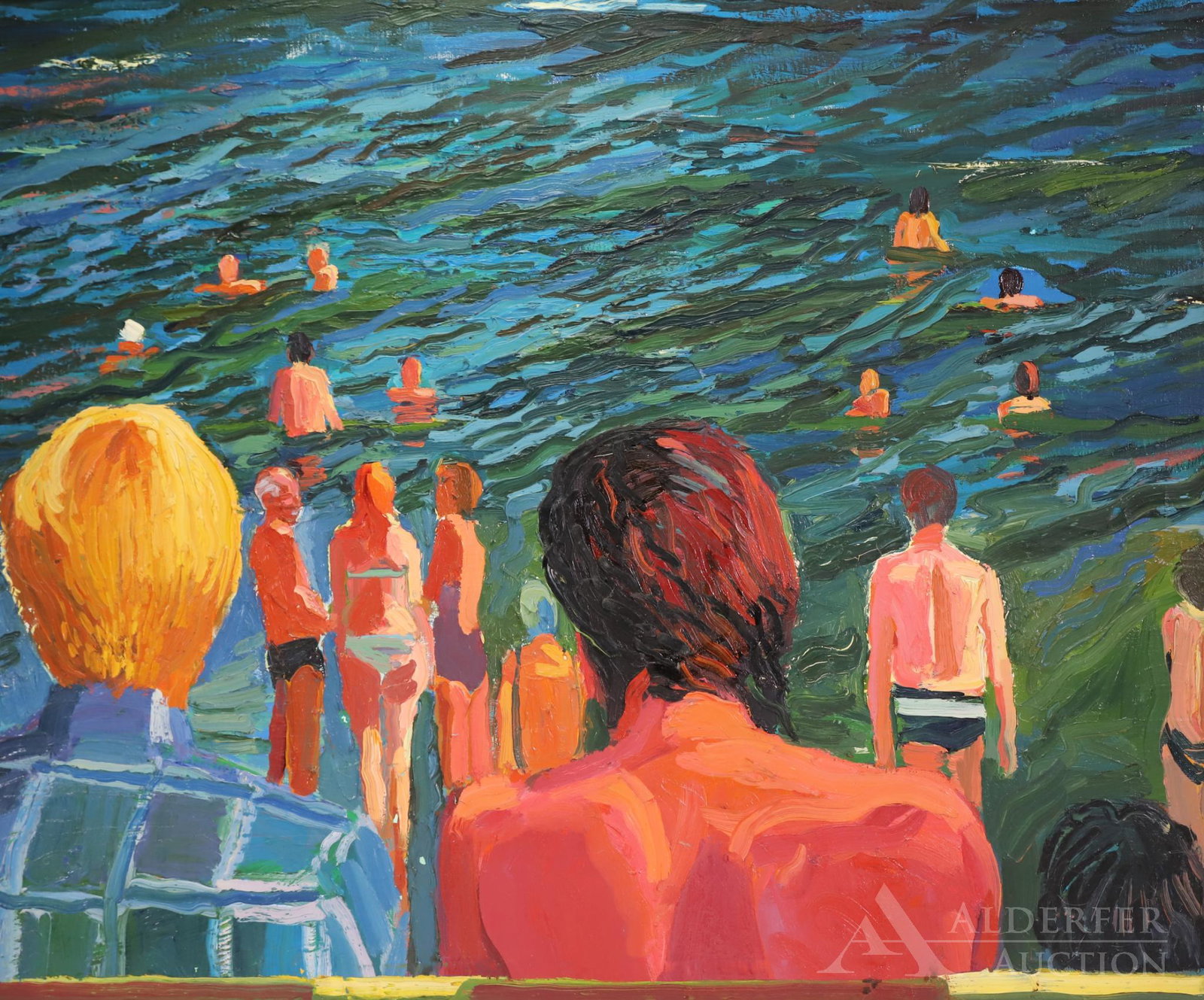 Frank Hyder (born 1951): Oil on canvas, signed en verso. Figures swimming with onlookers in foreground. 30"h x 36"w and 34"h and 40"w framed