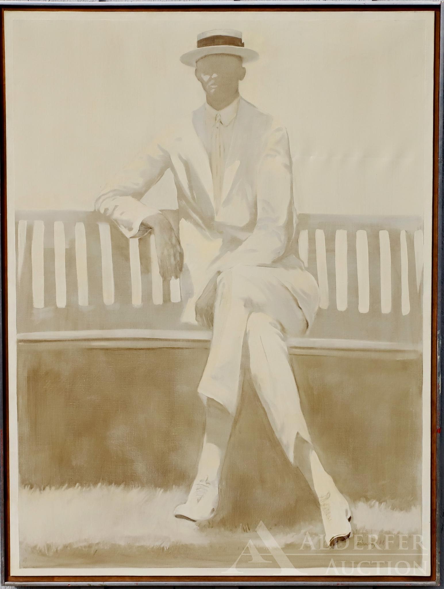 Robert Harvey (1924-2004): Oil on canvas, "Charlie's Dad in Hongrew Park, Shanghai, 1921". Old photo style portrait of a seated gentleman. 48"h x 36"w and 49.5"h x 37.5"w framed