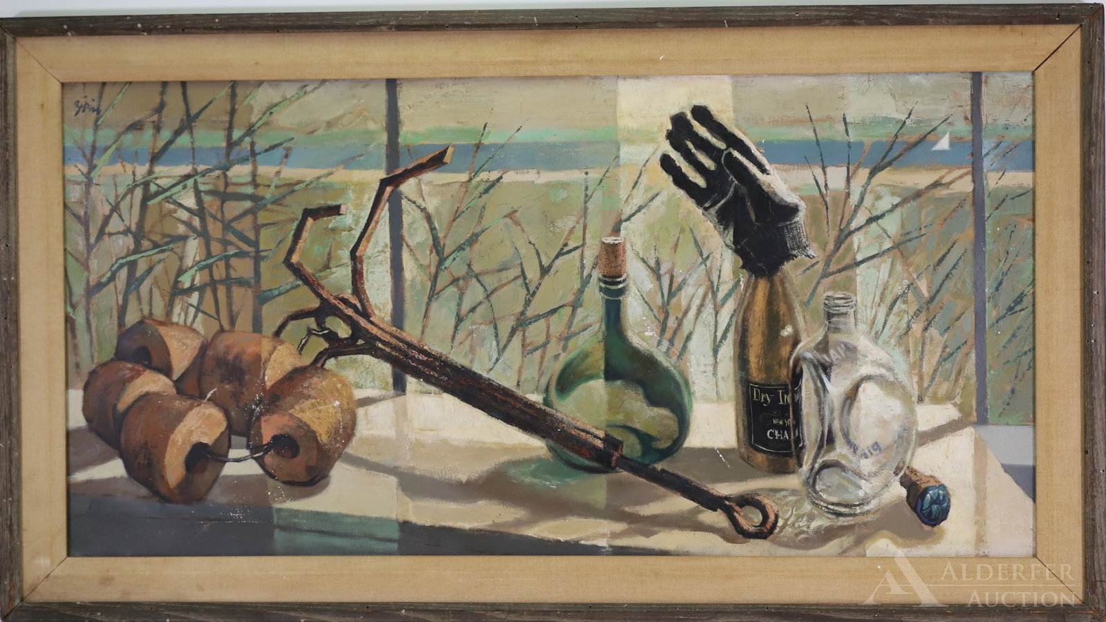 Martin Jack Zipin (1920-1991): Oil on canvas, "Fisherman's Glove and Grappling Hook", SUL. Still life of a fisherman's buoy and hook with calm waters in the background. Loose but secure in frame. 20"h x 24.5"w and 24.5"h x 44.5"w f