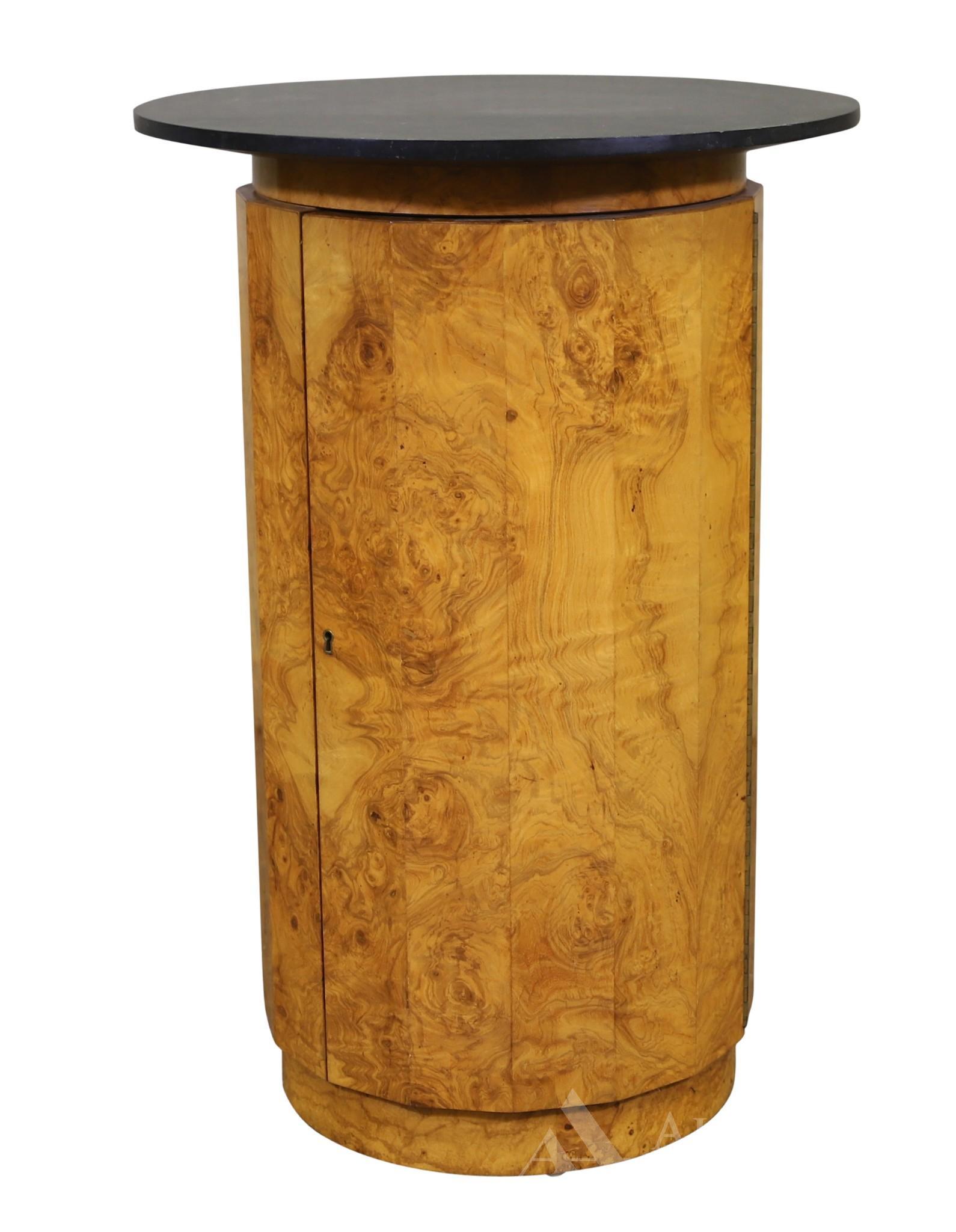 Edward Wormley for Dunbar Dry Bar Cabinet: Circular slate top over a hexagonal burl wood single door base. 32.5"h x 22"round