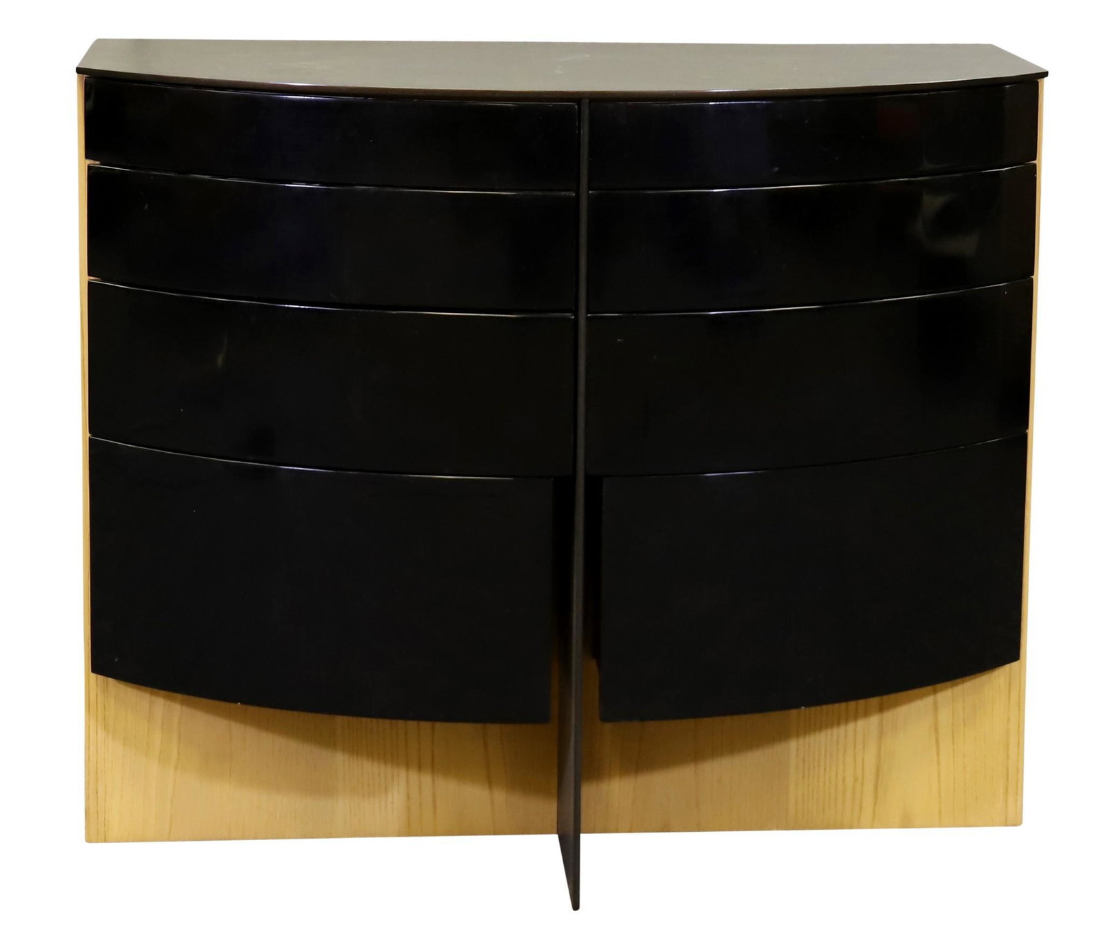 John F. Saladino for Dunbar Cabinet: Black lacquer and slate demilune cabinet/chest of drawers. 29.5"h x 35"w x 19"d