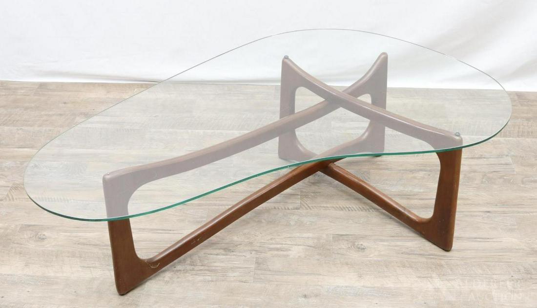 Adrian Pearsall for Craft Associates Coffee Table: Walnut base with kidney shaped glass top. 15.25"h x 48"w x 29"d