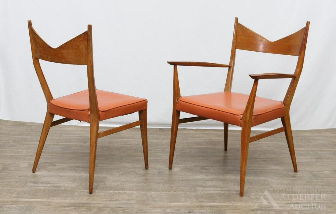 Paul McCobb for Calvin Chairs: Complimentary armchair and side chair with V top rail, extended ears and upholstered brown/orange vinyl seats. 35"h x 24"w x 22"d