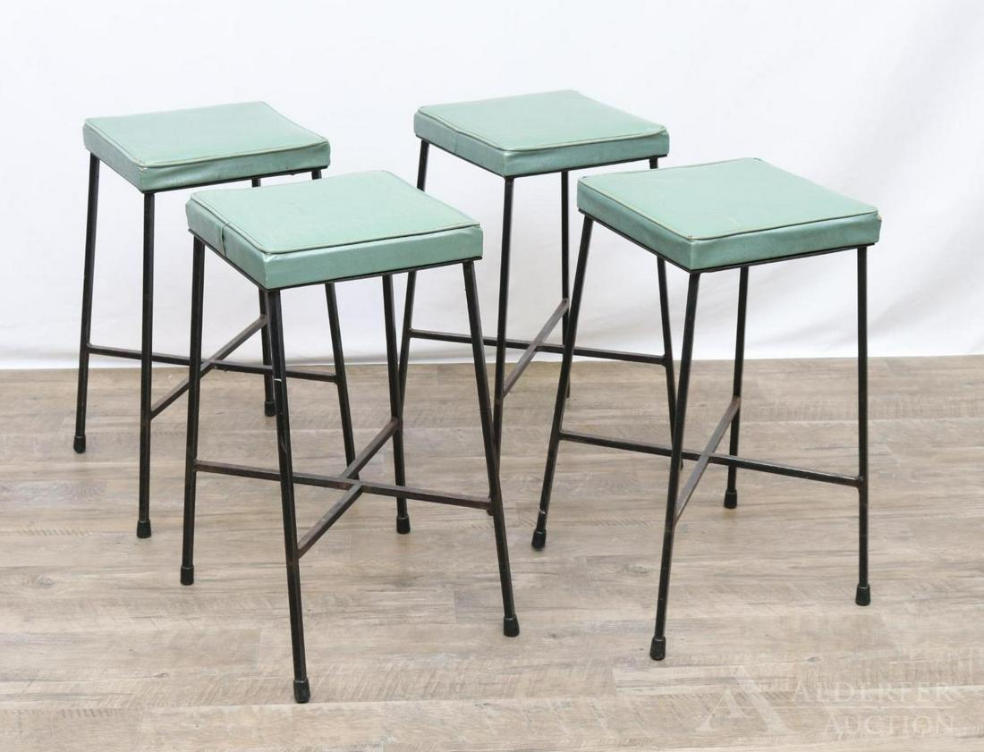 Wrought Iron & Vinyl Stools: Iron stools (4) with cross supports and padded green vinyl seats. 24"h x 12" square