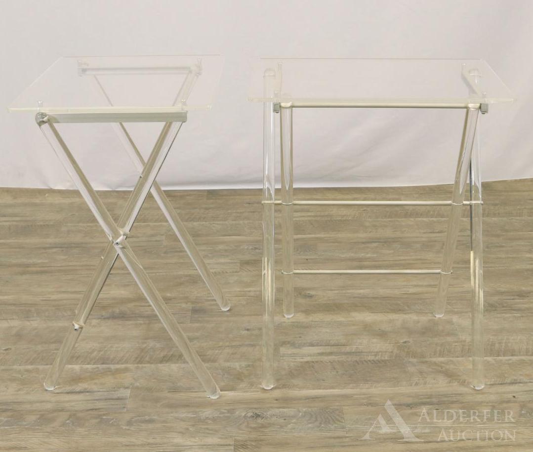Pair of Folding Plexiglass Tables: Folding plexiglass tables. 24.5"h x 20w x 15"d