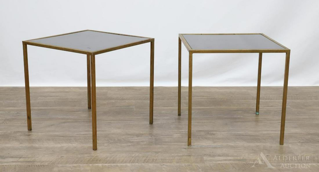 Pair of Glass Top Side Tables: Metal frame tables (2) with smoke glass tops. 18"h x 18"w x 18"d