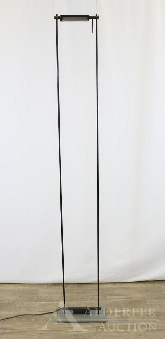 Italian Floor Lamp: Metal rod frame with horizontal lighting fixture and rectangular base. 76"h
