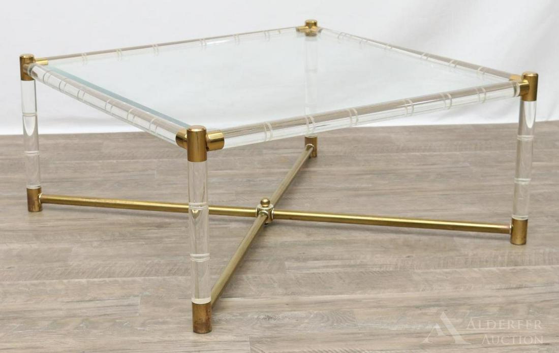 Charles Hollis Jones Coffee Table: Beveled edge glass top with lucite frame and brass connectors and cross support. 16.25"h x 35.5" square