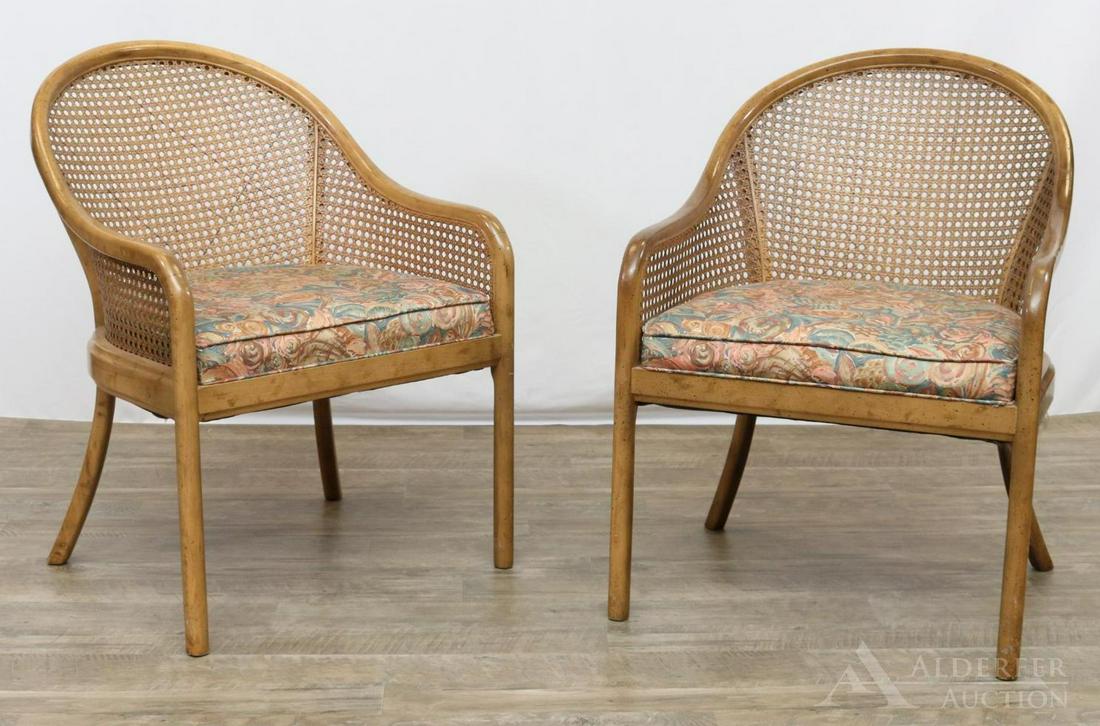 Ward Bennett for Brickel Cane Chairs: Pair of cane back chairs with straight front legs, saber back legs and multi color cushion. 33"h x 24"w x 24"d