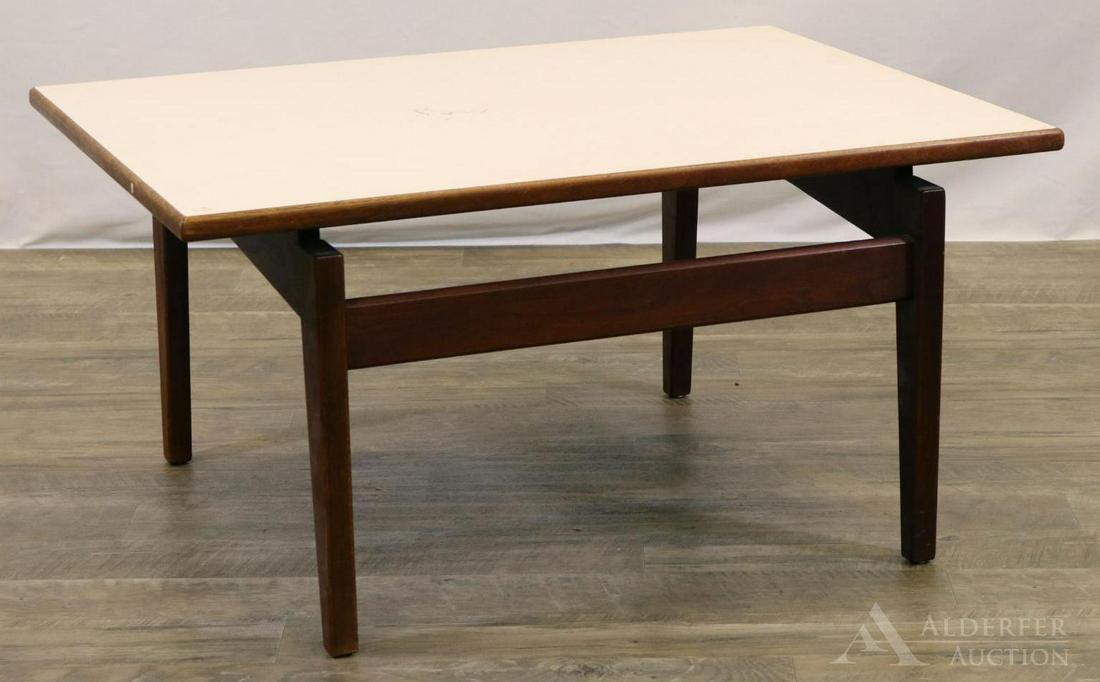 Jens Risom End Table: End/side table with floating laminate top and rectangular tapered legs. 16"h x 32"w x 24"d