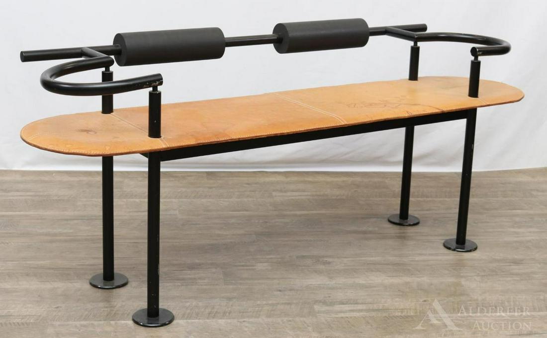 In the Manner of Ettore Sottsass Postmodern Bench: Tubular black steel frame with two foam backrests, straight legs and leather seat. 25"h x 59"w x 15"d