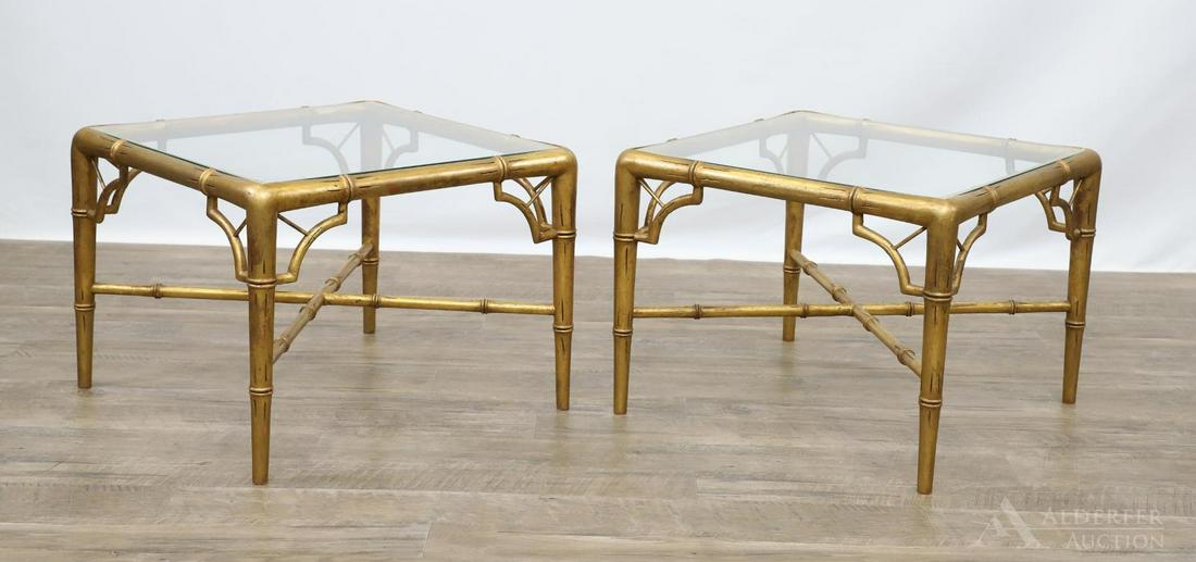 Pair of Faux Bamboo Gilt Wood and Glass End Tables: Gilded faux bamboo tables with cross support and glass tops. 15"h x 19.5"w x 19.5"