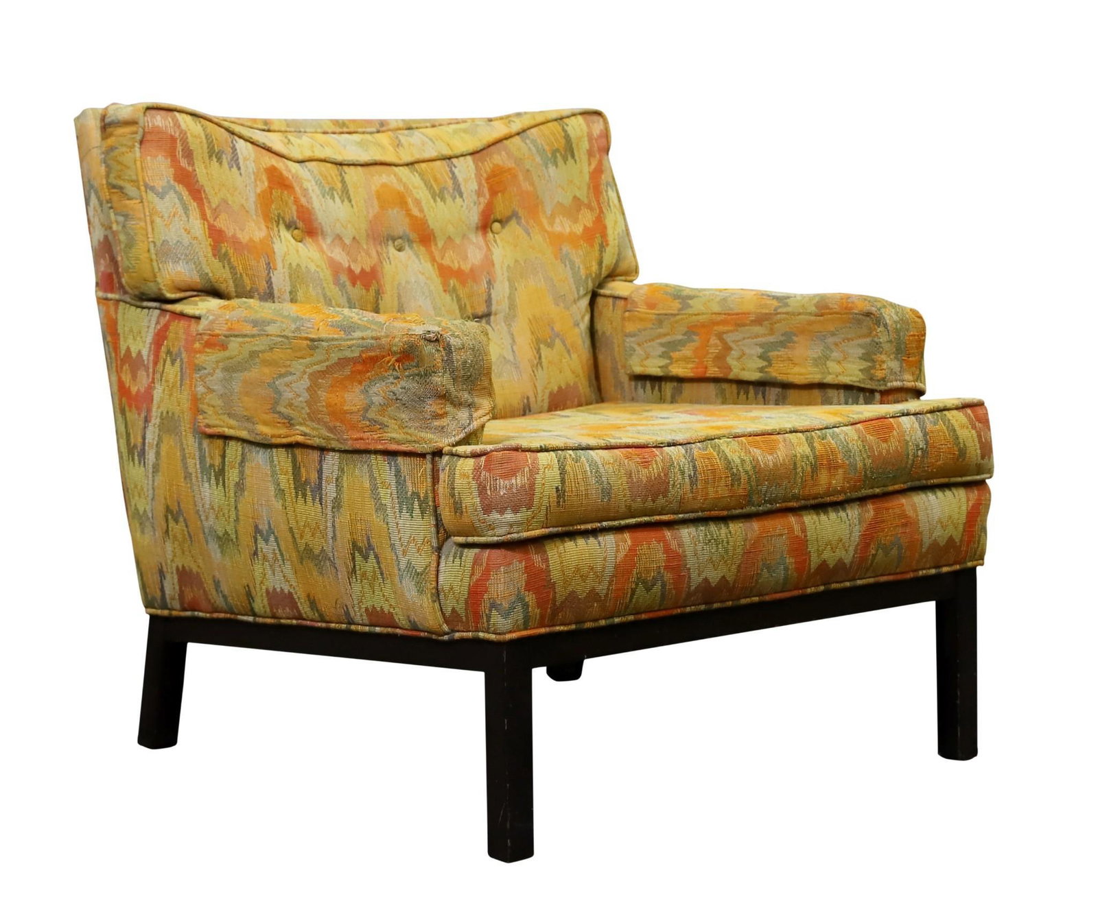 Paul McCobb for Directional Lounge Chair: Flame pattern fabric with a black lacquered frame on square legs. 28.5"h x 29"w x 27.75"d