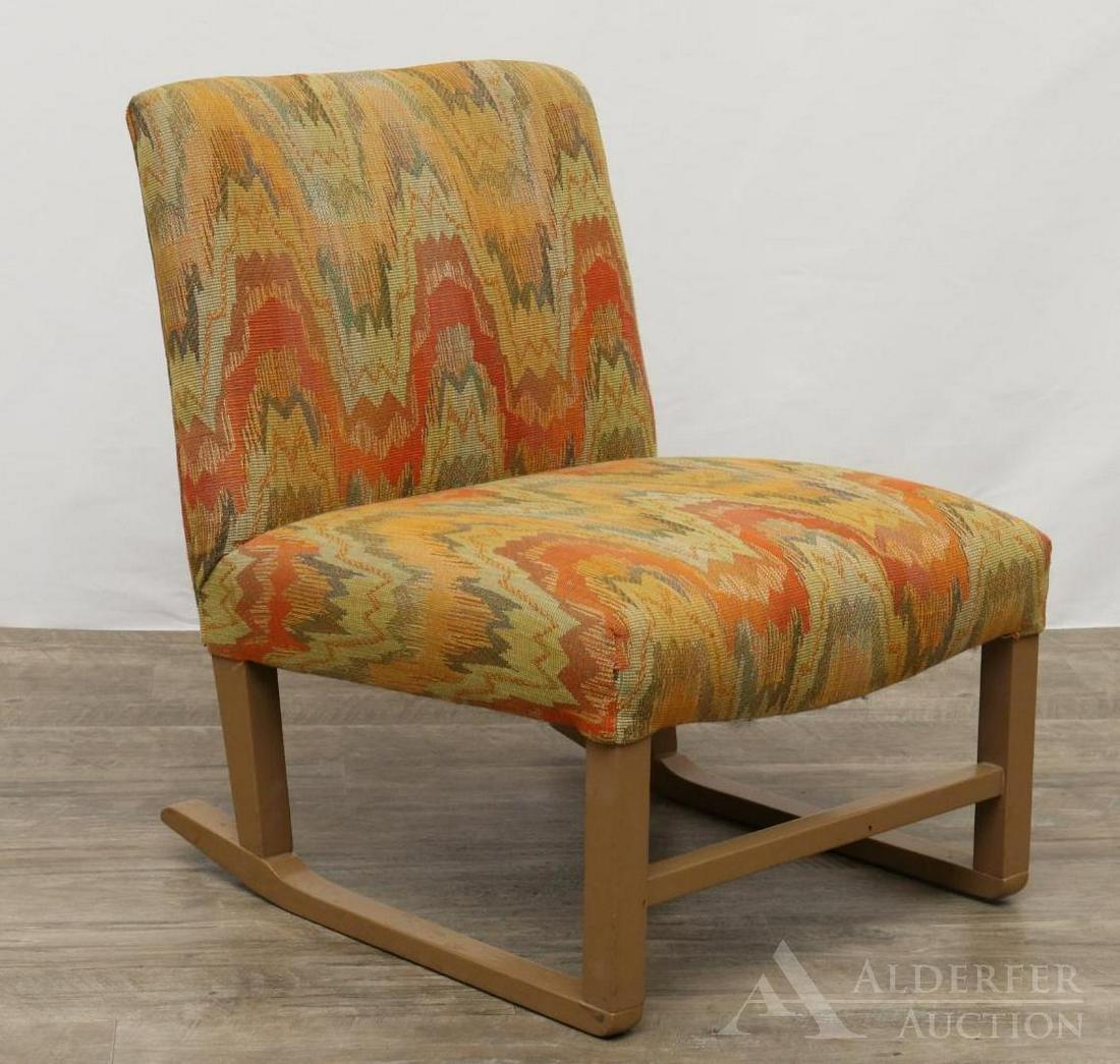 Paul McCobb for Winchendon Rocking Chair: Designed by Paul McCobb for the Planner Group Line and manufactured by Winchendon. Flame pattern fabric and lacquered wood. 24"h x 18.5"w x 18.5"d