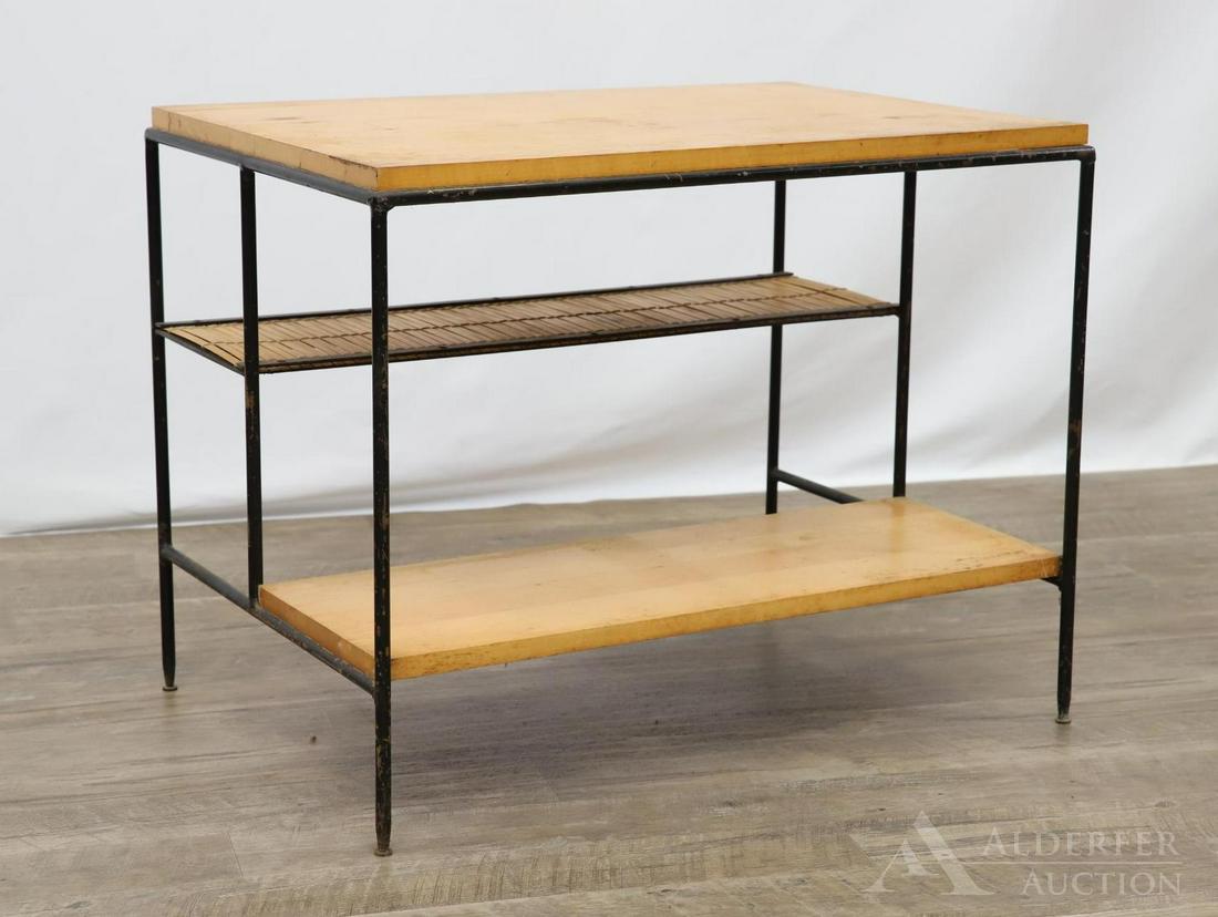 Paul McCobb for Winchendon Planner Group Occasional: Designed for Planner Group Line. Three-tier table with painted iron frame, Two maple shelves and (1) rattan shelf. 22.5"h x 27.5"w x 19.5"d