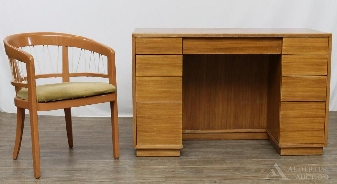 Edward J. Wormley for Drexel Desk & Chair: Silver Oak Kneehole Desk with a center drawer flanked by four graduating drawers along with complimentary arm chair. Desk measures 30.5"h x 48"w x 24"d and chair measures 30.5"h x 22.5"w x 20"d