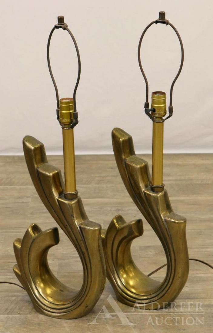 Pierre Cardin for Laurel Lamp Company: Pair of brass table lamps in scroll design. 27.5"h