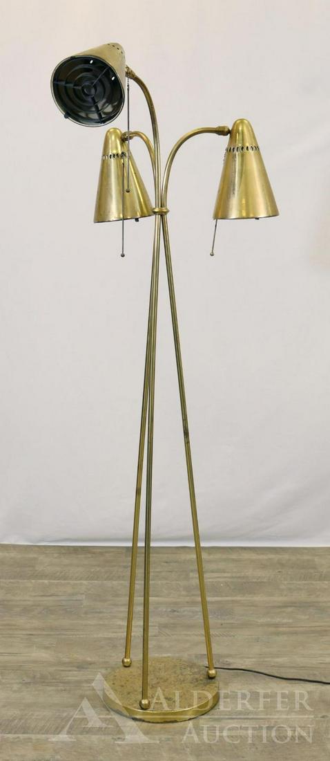 Lightolier Floor Lamp: Brass tripod lamp with three adjustable heads with pull chains. 59"h