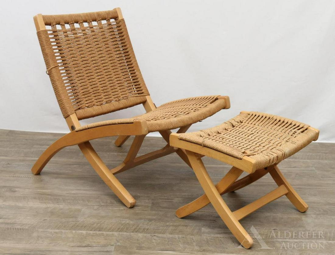 In the Manner of Hans Wegner Rope Chair & Ottoman: Rope and beech lounge chair and complimenting ottoman. 30"h x 24"w x 32"d and 14"h x 20"w x 15"d