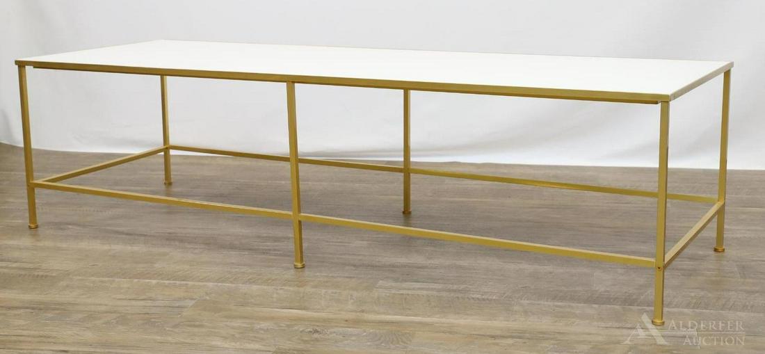 Harvey Probber Coffee Table: Rectangular form with brass frame and white inset vitrolite glass top. 16"h x 60"w x 21"d