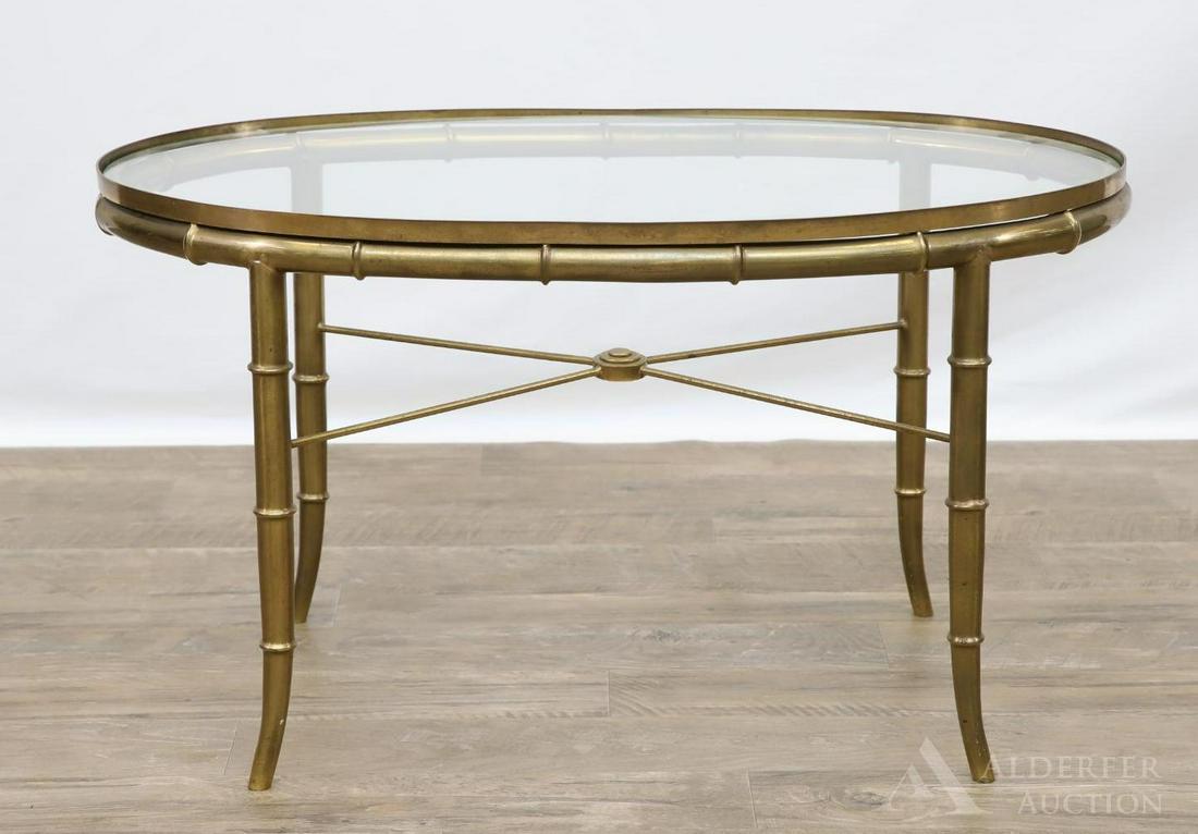 Mastercraft Faux Bamboo and Glass Round Side Table: Brass faux bamboo frame with cross support and inset round glass top. 16.5"h x 29"w x 17.75"d