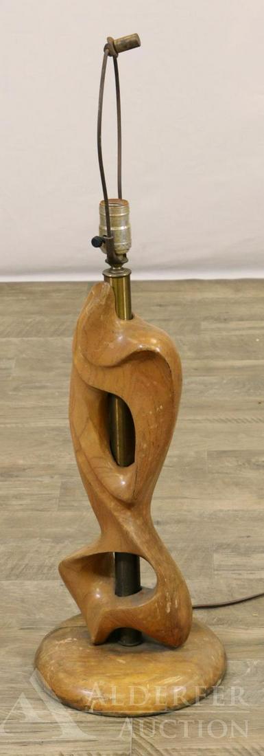 Heifetz Table Lamp: Sculptural wood and brass lamp. Base is cracked. 29"h