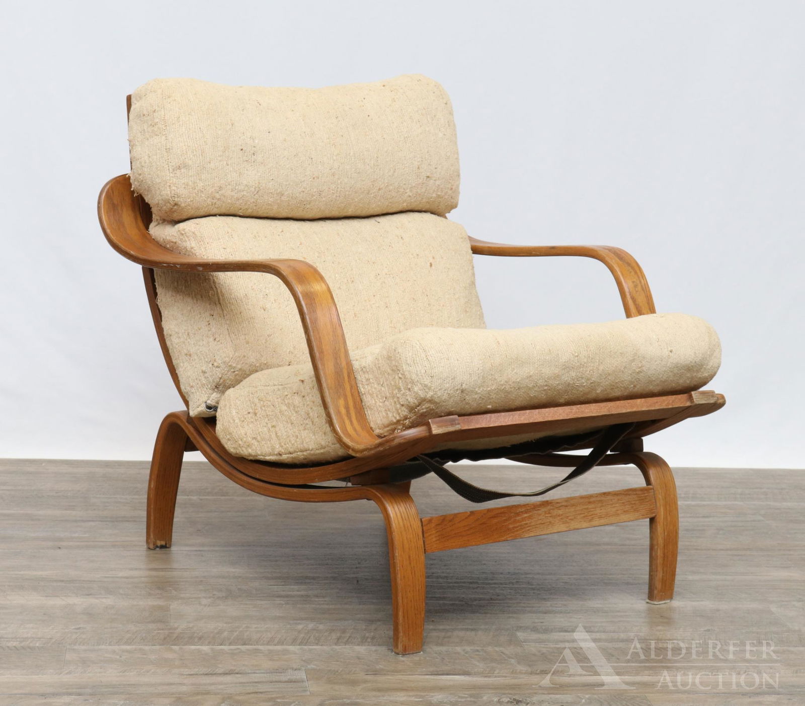 Hans Wegner for Getama Lounge Chair: Bentwood chair with slat backs, webbed seat and wide armrests and cloth cushion. 29"h x 27.5"w x 32"d