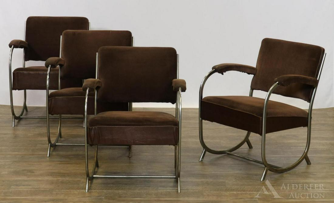 Theo A. Kochs Armchairs: Chrome plated tubular armchairs (4) with brown upholstry. Signed underside. 32"h x 22"w x 24"d
