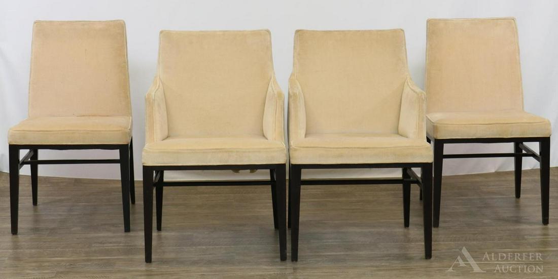 Edward Wormley for Dunbar Dining Chairs: Set of (4) Dining chairs with original cream velvet upholstery and black lacquered tapered legs. Arm chairs (2) measuring 34.5"h x 22"w x 19"d. Side chairs (2) measuring 34.5"h x 20"w x 19"d