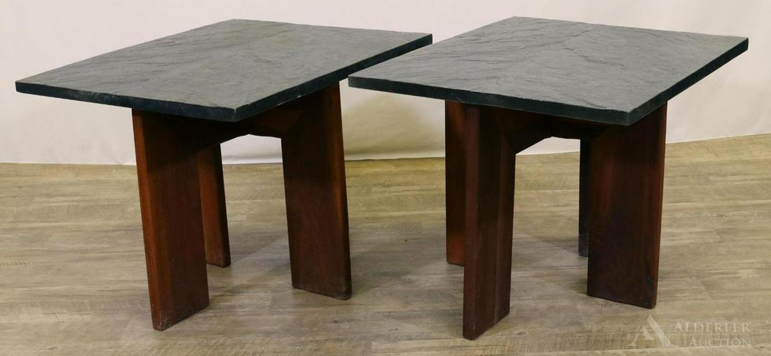 Pair of Adrian Pearsall for Craft Associates Side: Walnut cross base with black cleft slate tops. 20"h x 27"w x 22"d