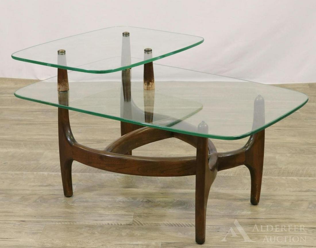 Adrian Pearsall for Craft Associates Side Table: Two tiered glass top table on walnut frame. Triangular planter insert. 20.25"h x 23"w x 34"d