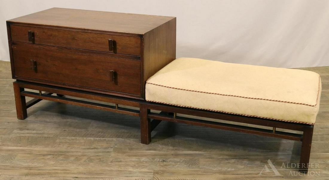 Edward Wormley for Dunbar Bench Cabinet/Bench: Combination two drawer cabinet with horizontal pulls and bench with cream upholstery. Label inside drawer. 23.5"h x 66"w x 18"d