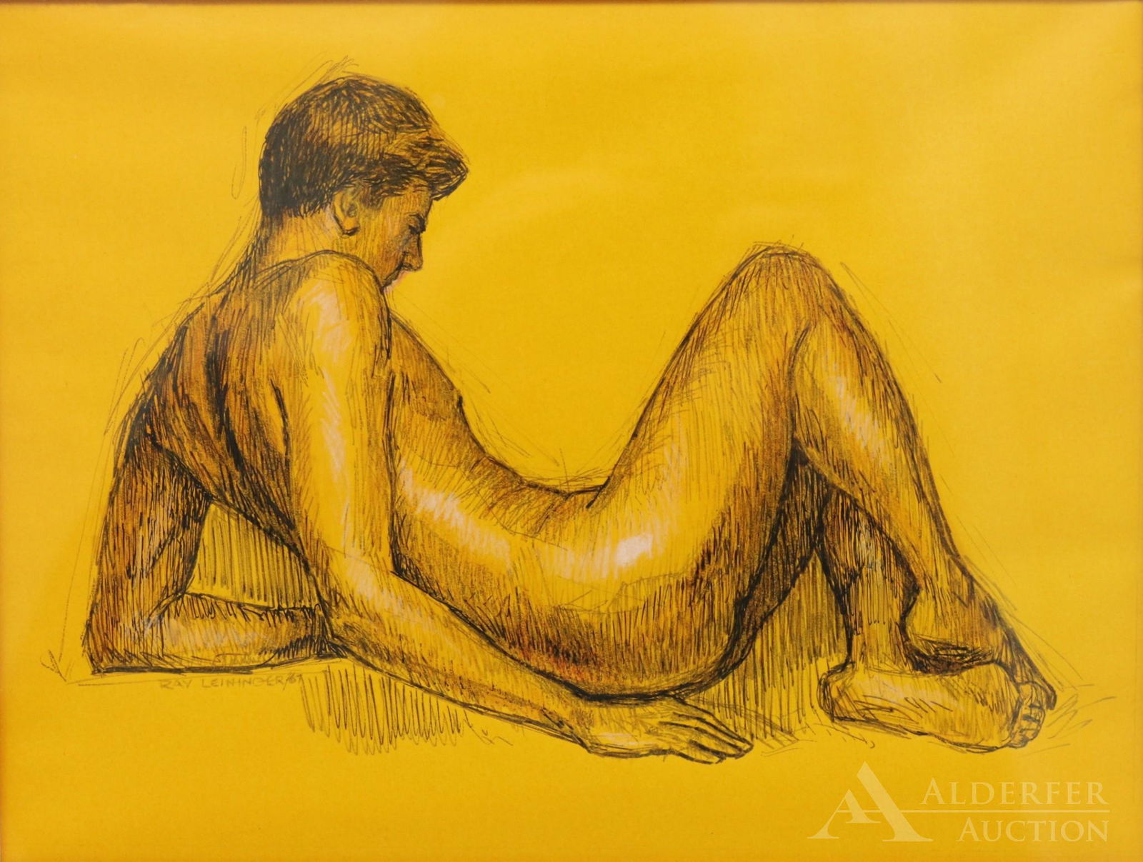 Ray Leininger (20th c.): Pen on paper, SDL, 1967. Male nude. 8"h x 10"w sight and 17"h x 21"w framed