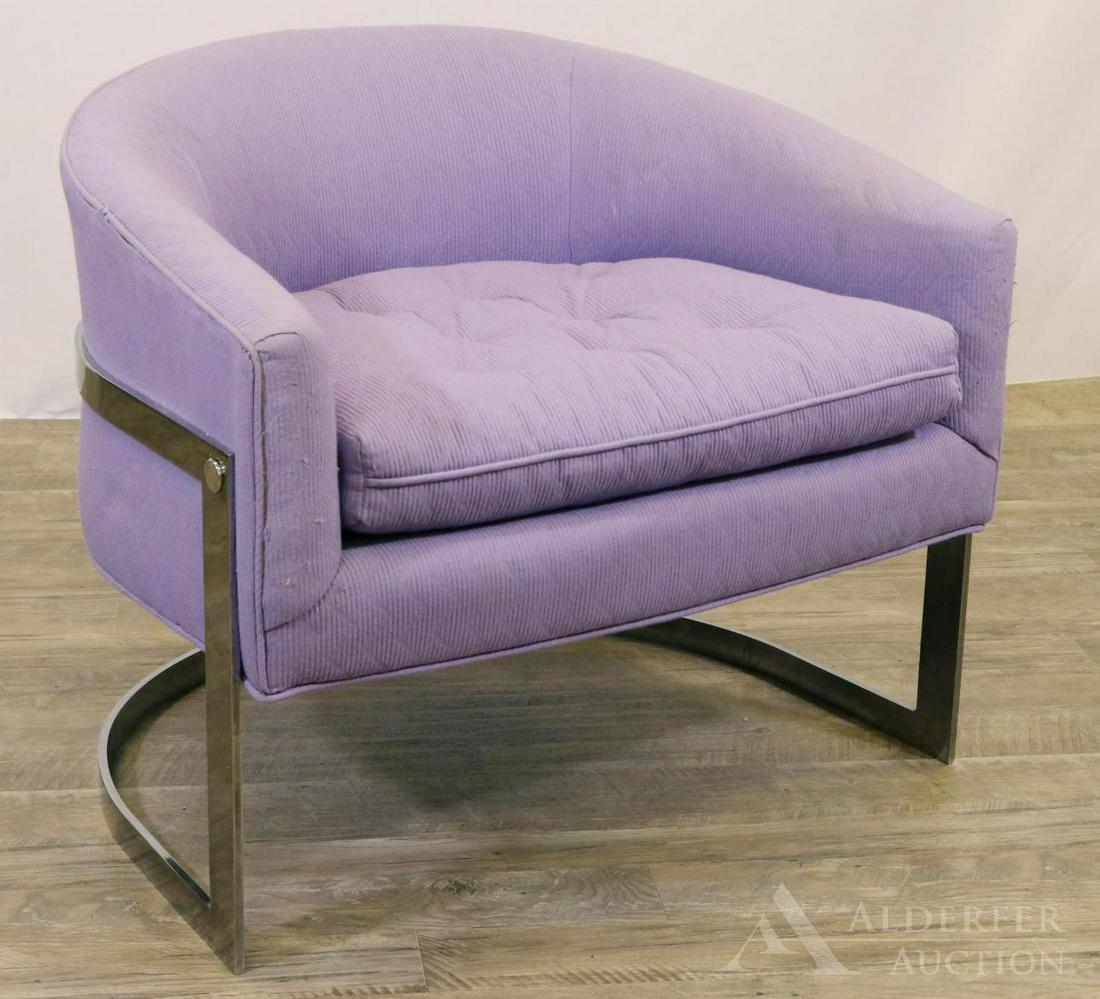Milo Baughman Lounge Chair: Upholstered tub chair with tufted cushion and chromed flat bar steel frame. 23.75"h x 31.5"w x 18"d