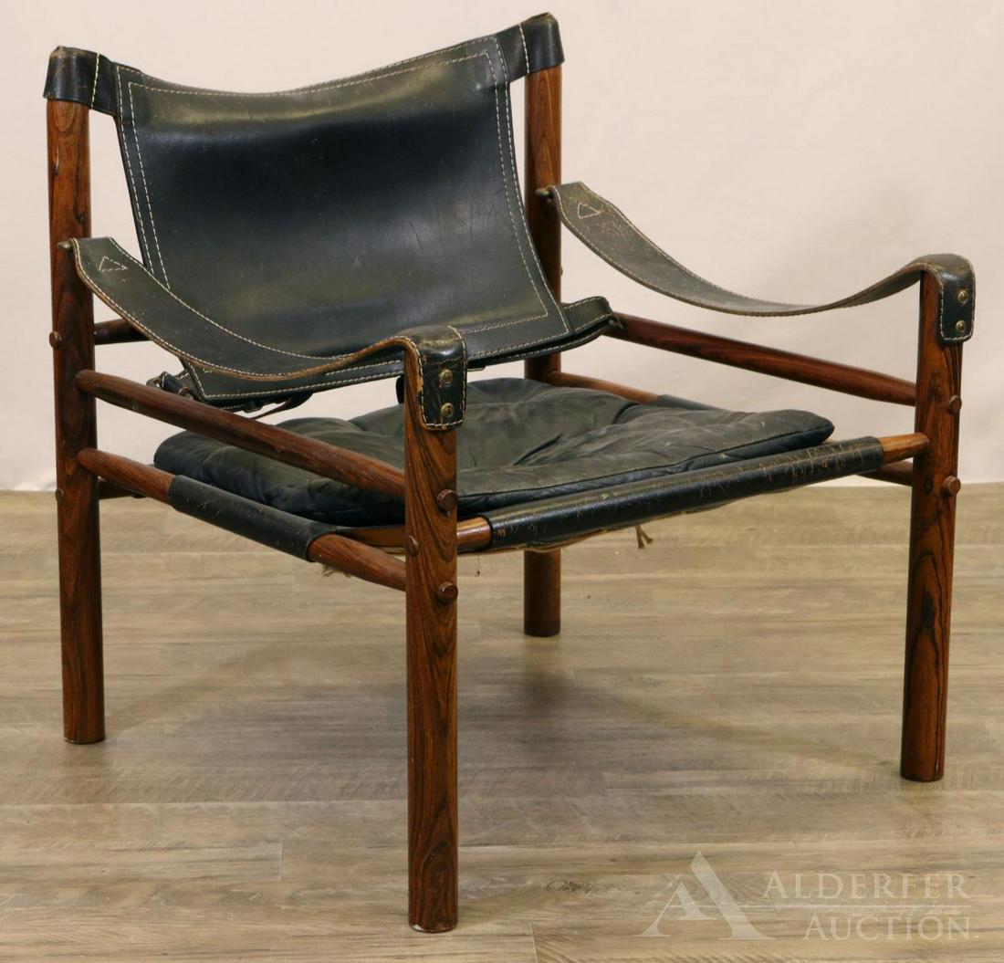Arne Norell Safari Chair: Rosewood pegged frame with black leather seat, cushion, backrest and armrests. 28.5"h x 26"w x 26"d