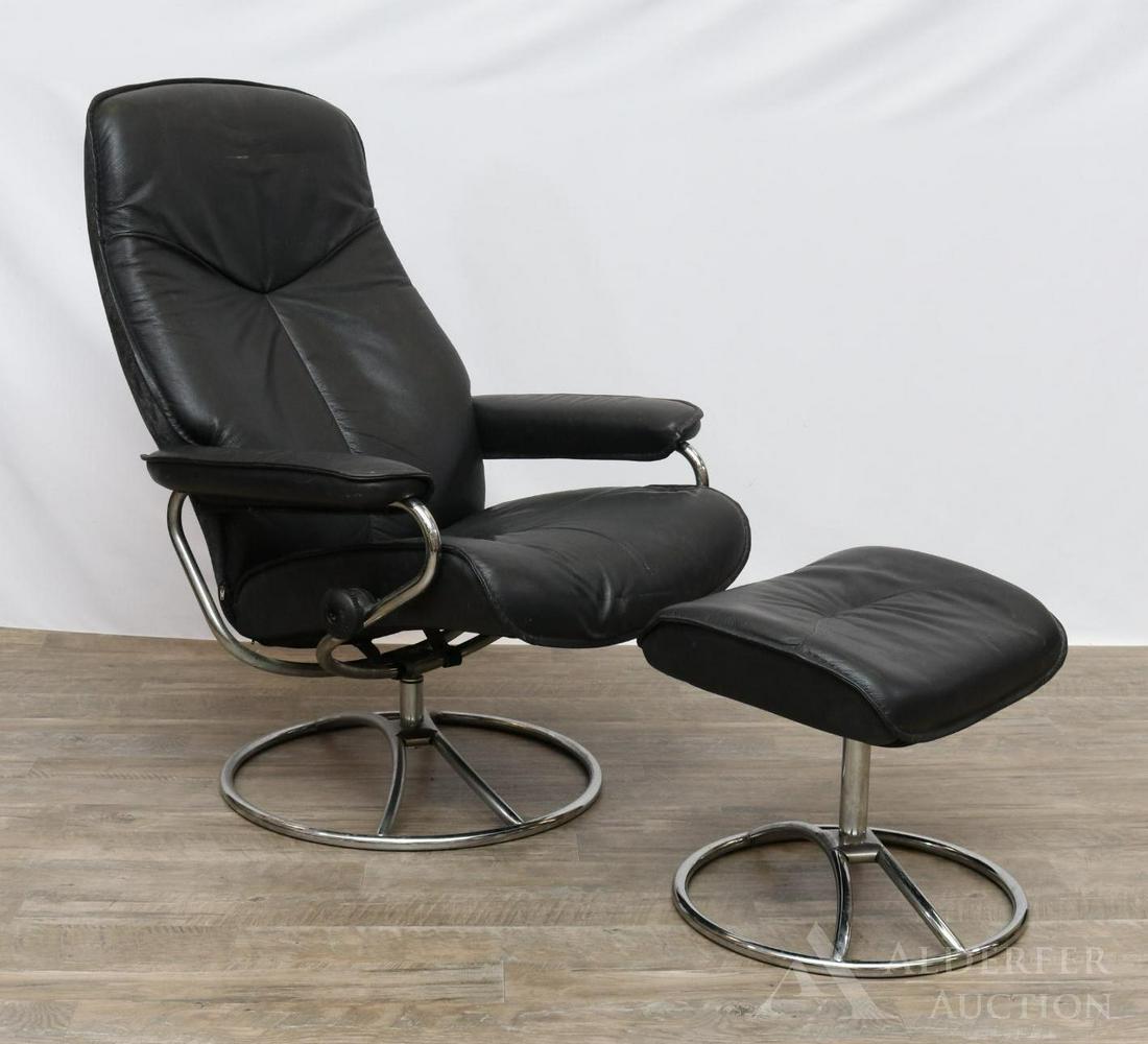 Ekornes Stressless Lounge Chair & Ottoman: Norwegian vinyl and chrome reclining chair with matching ottoman. 40"h