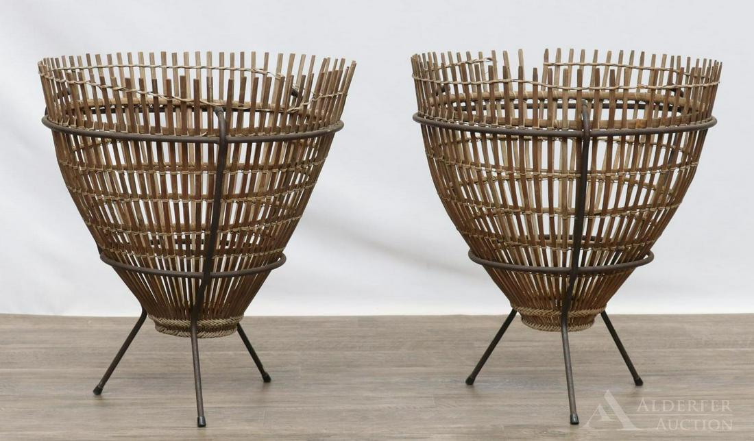 Wrought Iron and Bamboo Side Tables: Pair of bamboo and wrought iron side tables (missing glass tops). 22"h x 20"round