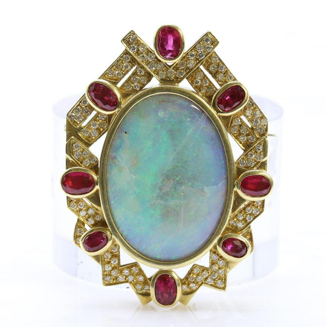 18KY Gold Opal Ruby and Diamond Brooch (1 of 3)