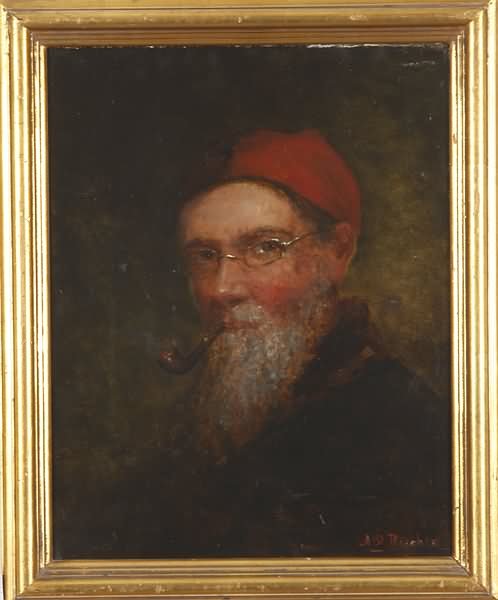 Amariah Dwight Beecher: Portrait of man with pipe, oil on canvas, 15" x 12", relined, SLR "A.D. Beecher". Artist: American, 1839-1896. Shipping: $28 plus insurance.