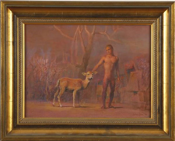 John B. Lear: "Doe and Ray", oil on canvas, 9" x 12", SLR "John Lear '88". Artist: American, 20th century. Shipping: $28 plus insurance.