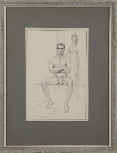 John B. Lear: Male/Female partial nude sketch, 12 1/2" x 8 1/2" (sight), SLR "John Lear". Artist: American, 20th century. Shipping: $28 plus insurance.