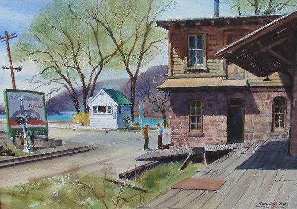 Ranulph Bye: "Milford Railroad Station", watercolor, 16" x 22", SLR "Ranulph Bye". Artist: American, 1916-2003. Shipping: $28 plus insurance.
