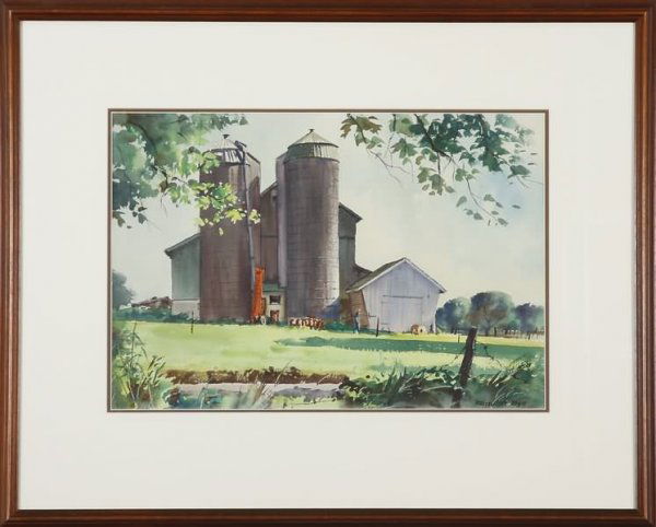 Ranulph Bye: "Twin Silos", watercolor, 14" x 20 1/4" (sight), SLR "Ranulph Bye". Artist: American, 1916-2003. Shipping: $40 plus insurance.