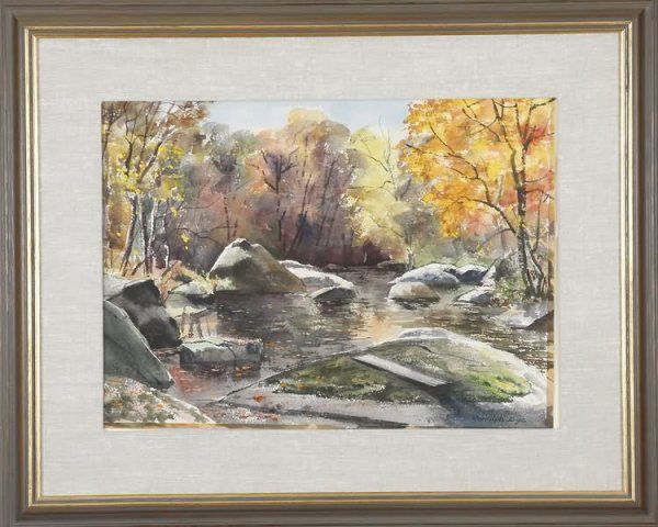 Ranulph Bye: Wooded landscape with stream, watercolor, 15" x 20 1/2" (sight), SLR "Ranulph Bye". Artist: American, 1916-2003. Shipping: $40 plus insurance.