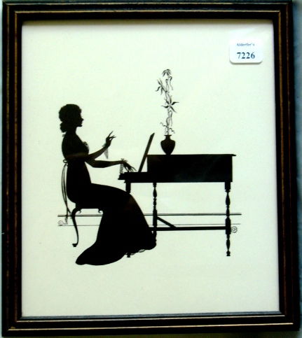 Wallace Nutting Silhouette - Girl Plays Piano: Original circa 1927 Wallace Nutting large-format Silhouette. Girl plays piano. Silhouette is based upon an original drawing by Ernest John Donnelly, one of Wallace Nutting's employees. Est 7x8" period