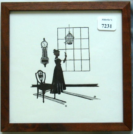 Wallace Nutting Silhouette - Girl with Bird-Rare: Original circa 1927 Wallace Nutting medium-format Silhouette. Rare Silhouette with girl standing beside bird cage with little bird on her finger. Silhouette is based upon an original drawing by Ernest